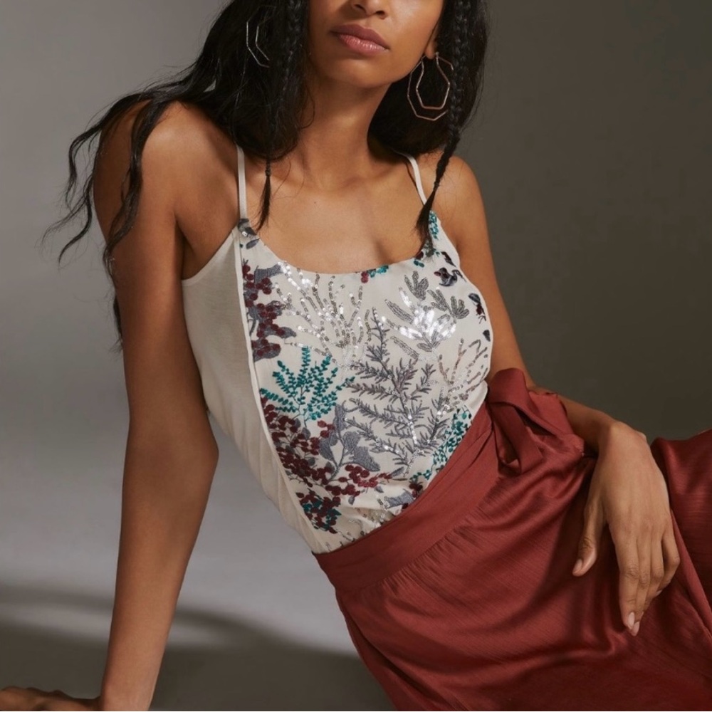 NWT Anthropologie Tiny Sequin & Embroidered Tank 🪸🤍